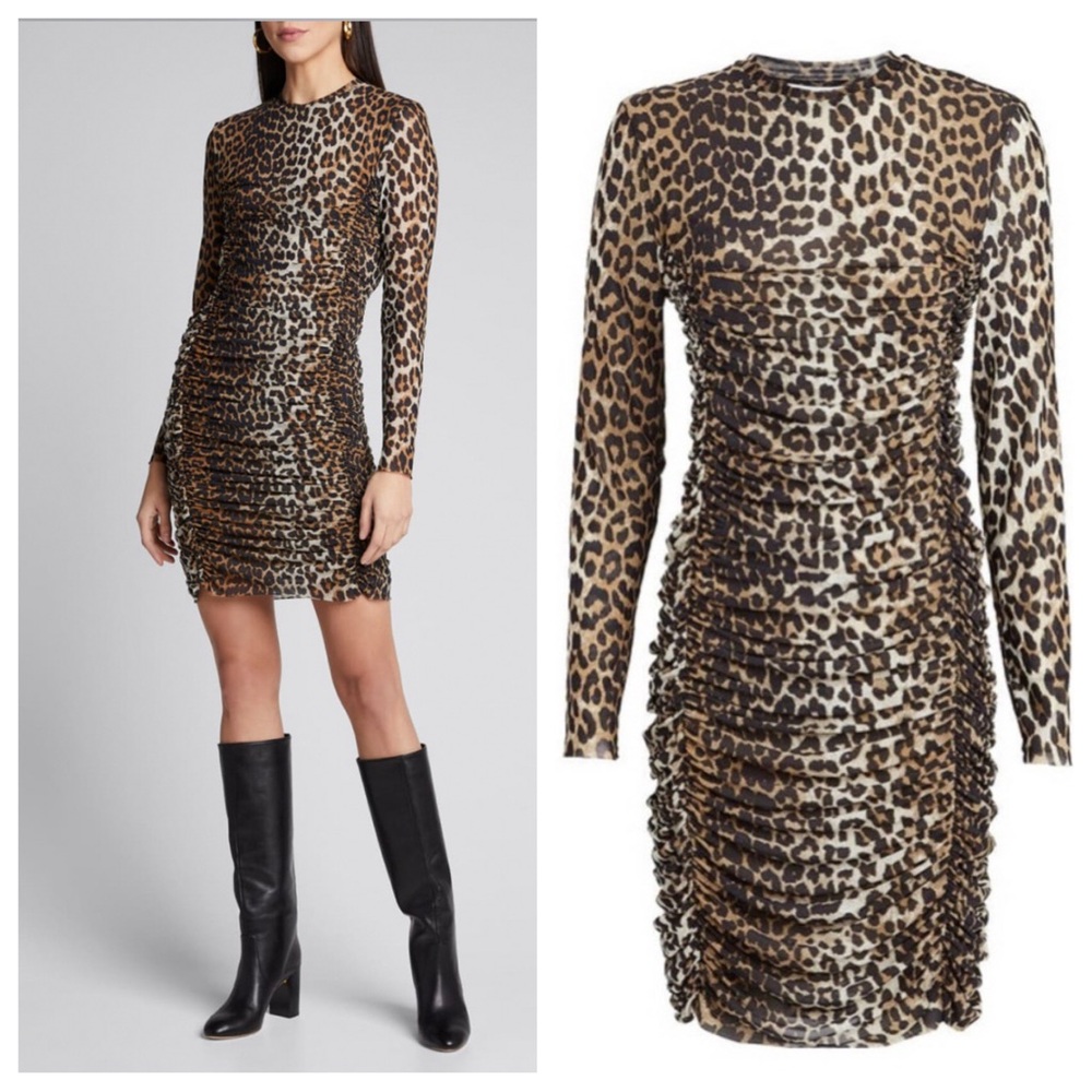 Ganni Leopard Printed Fully Lined Ruched Bodycon Mesh Midi Evening Dress - Picture 7 of 8